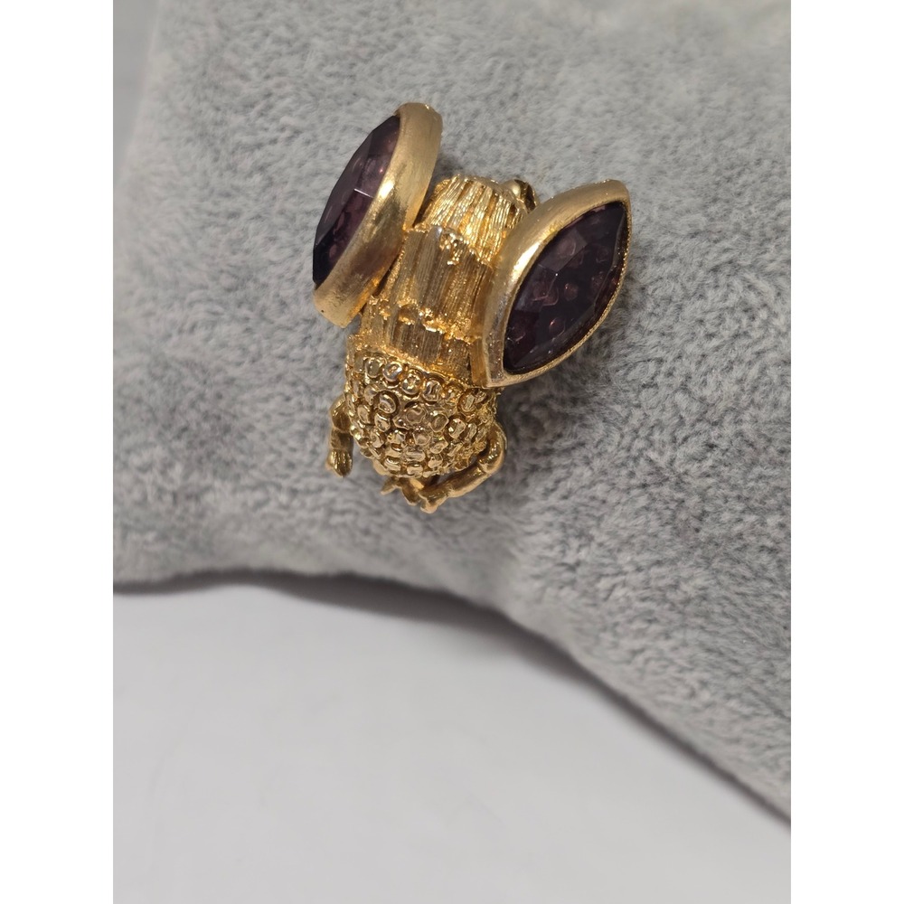 Vintage 1960s Whimsigoth Gold Insect Brooch with Purple Wings Style Pin